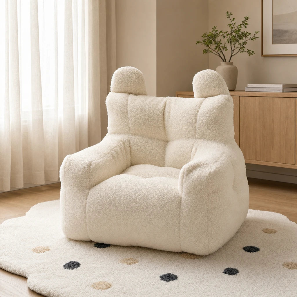 Beige Lambswool Lydel cartoon bear kids bean bag armchair in a modern minimalist room