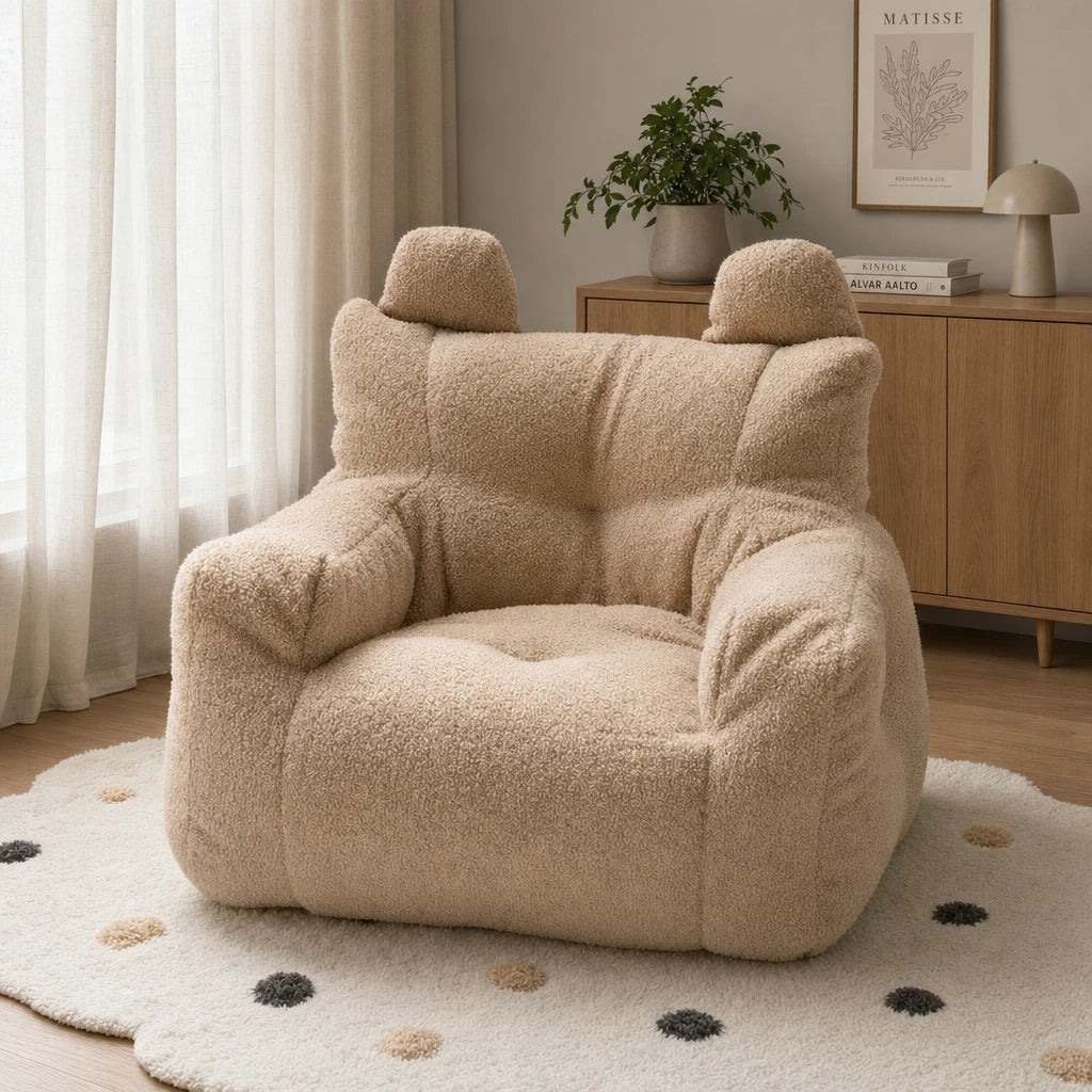 Brown Lambswool Lydel cartoon bear kids bean bag armchair in a modern minimalist room