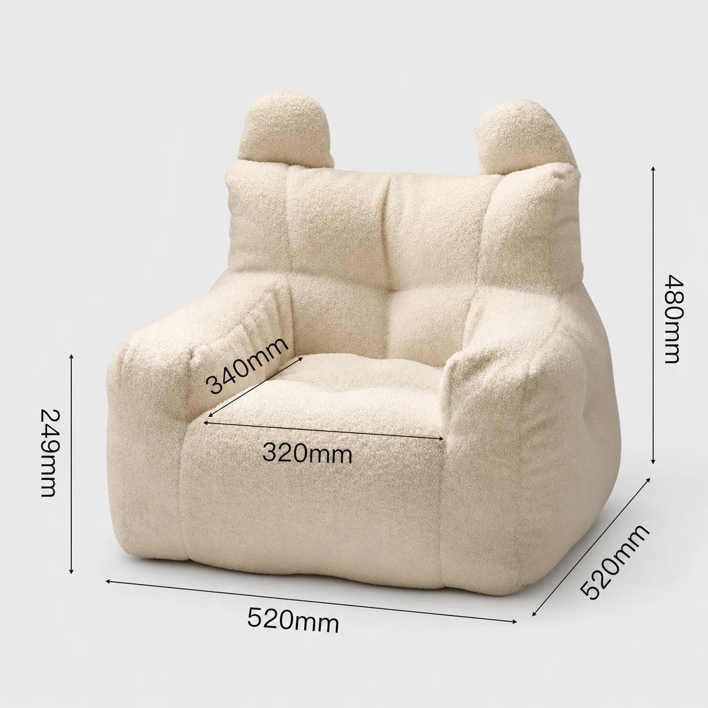 Dimension diagram of the cream Lydel kids bean bag armchair showing width 52cm, depth 52cm, height 48cm, seat height 24.9cm and seat size 32cm x 34cm