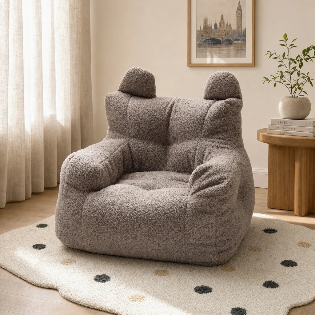 Grey Lambswool Lydel cartoon bear kids bean bag armchair in a modern minimalist room