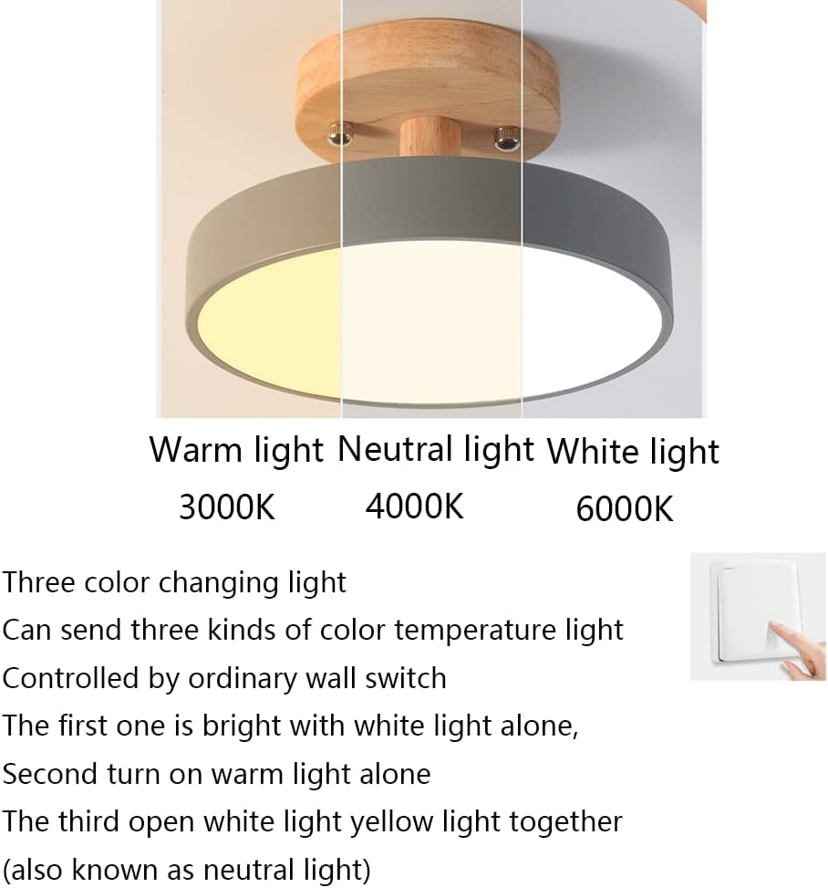Feature guide showing the macaron ceiling light's 3-colour temperature shifting capabilities from warm to cool white