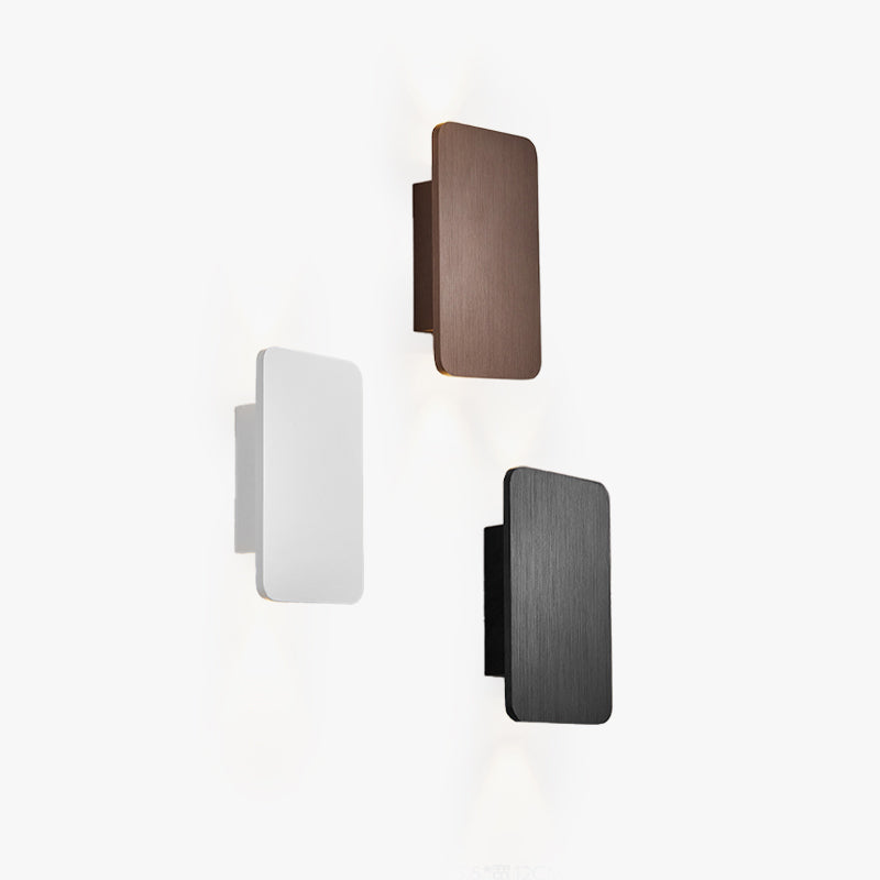 Minimalist mazka flat panel LED wall sconces shown in white, coffee, and black finishes