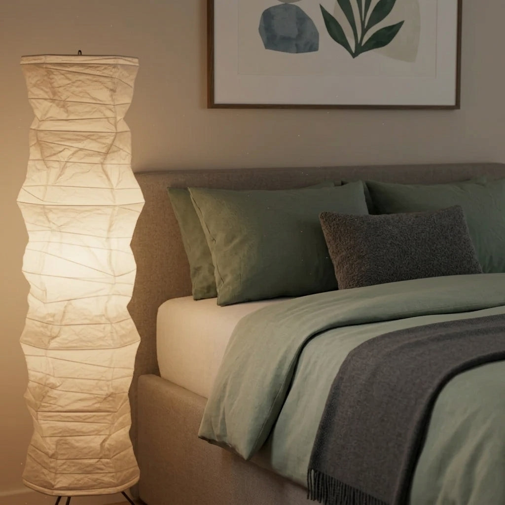 Mepzo floor lamp beside a bed with sage green bedding