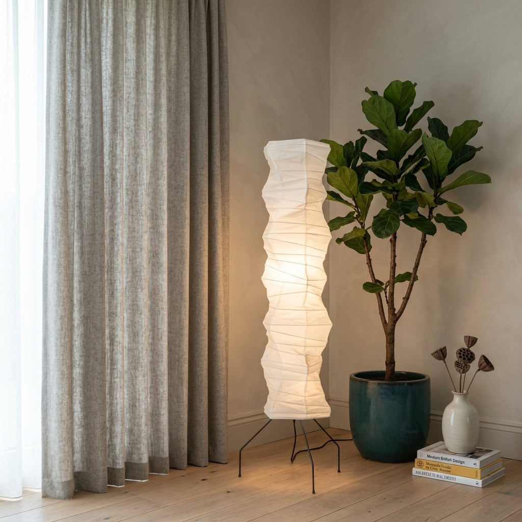 Mepzo rice paper floor lamp beside sheer curtains and a potted plant