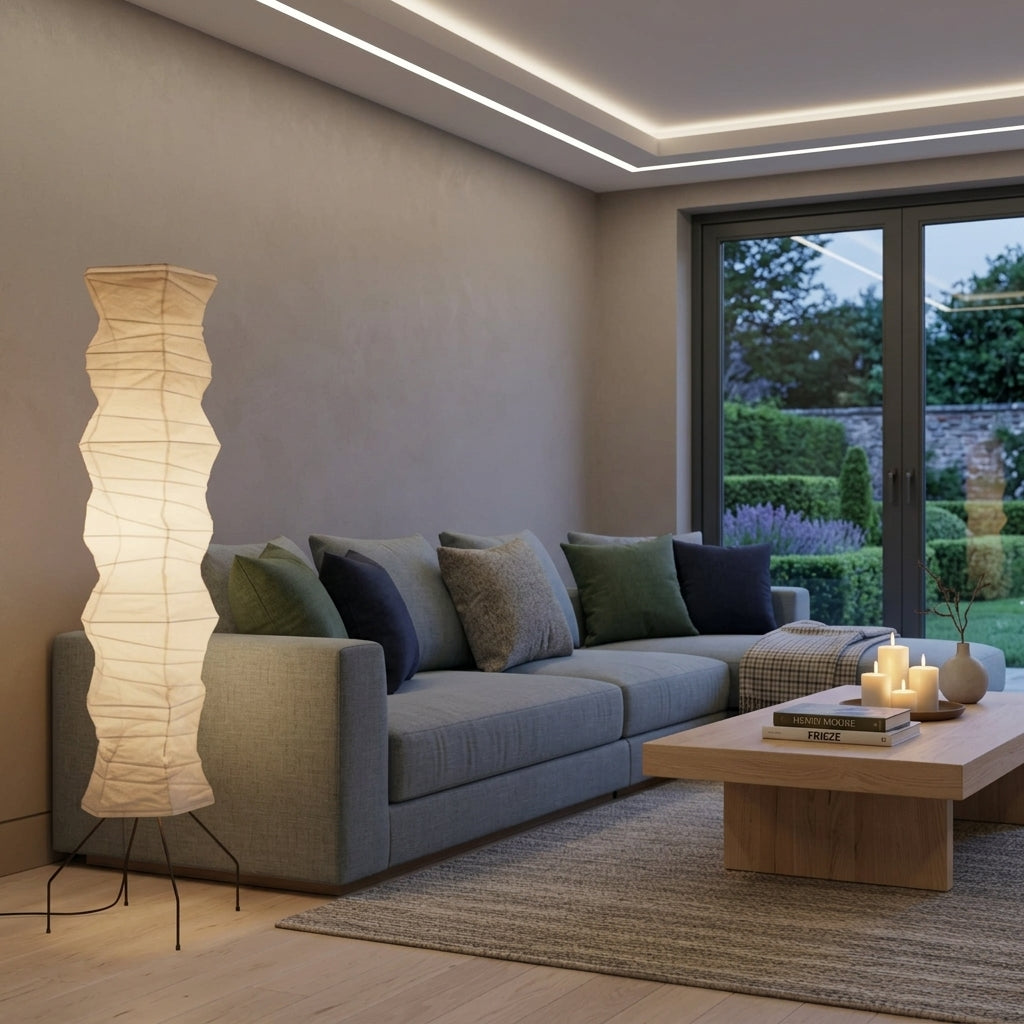 Mepzo floor lamp in a living room with a sofa, coffee table, and warm ceiling cove lighting