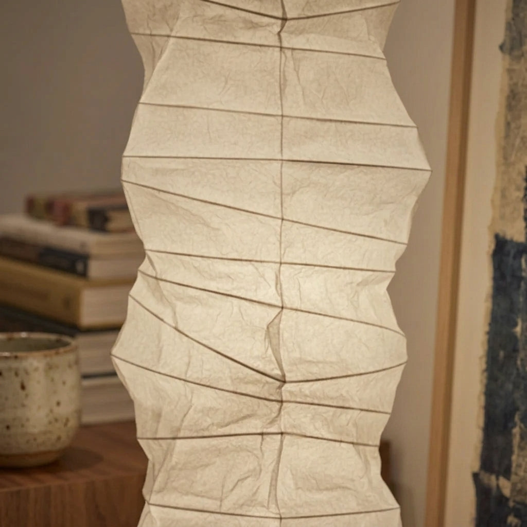 Close-up of the Mepzo lamp's hand-knitted rice paper shade texture and folds