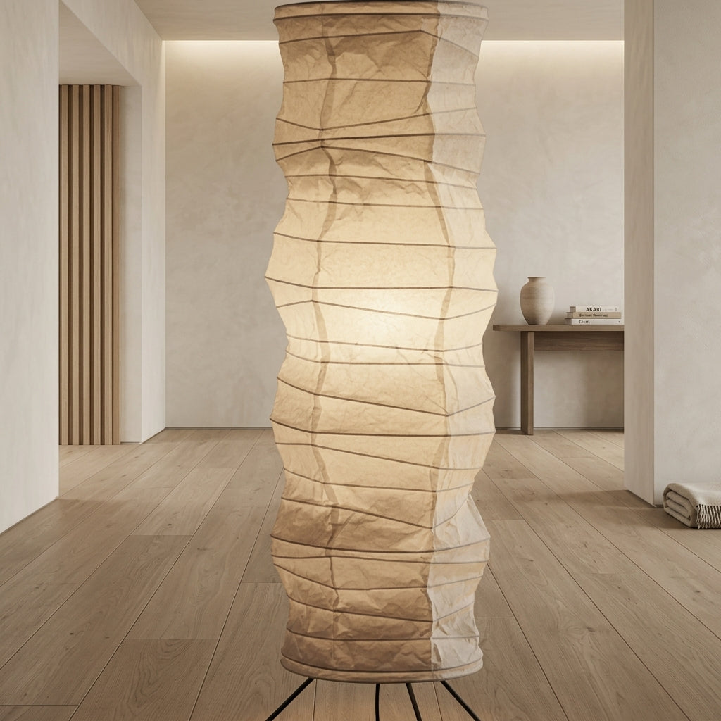 Full-length view of the Mepzo floor lamp's hand-knitted rice paper shade front