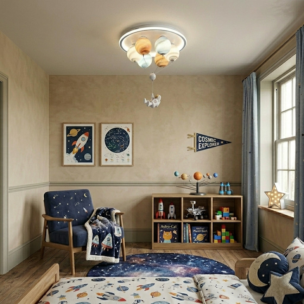 Meqzi astronaut and planet LED ceiling light installed in a kids' bedroom with rug and shelving