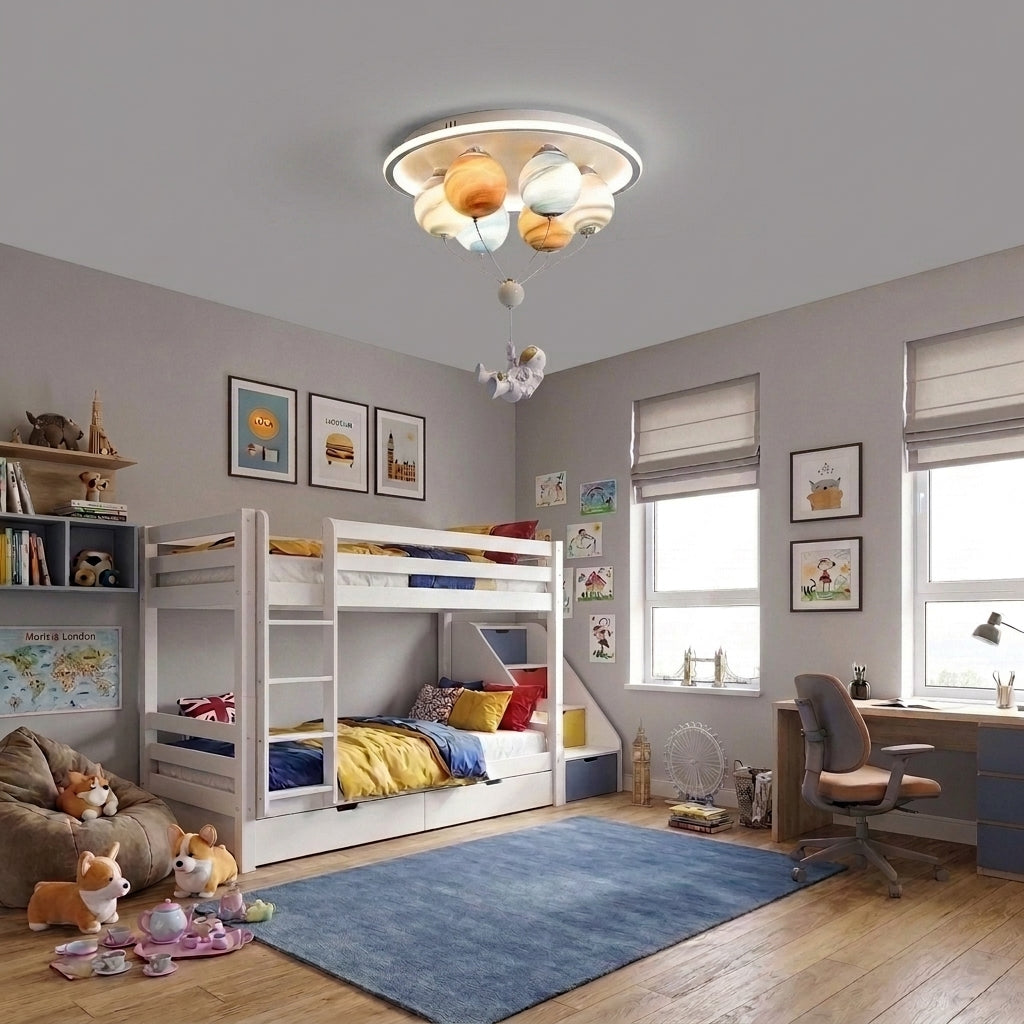 Meqzi astronaut and planet LED ceiling light installed in a kids' bedroom with bunk beds