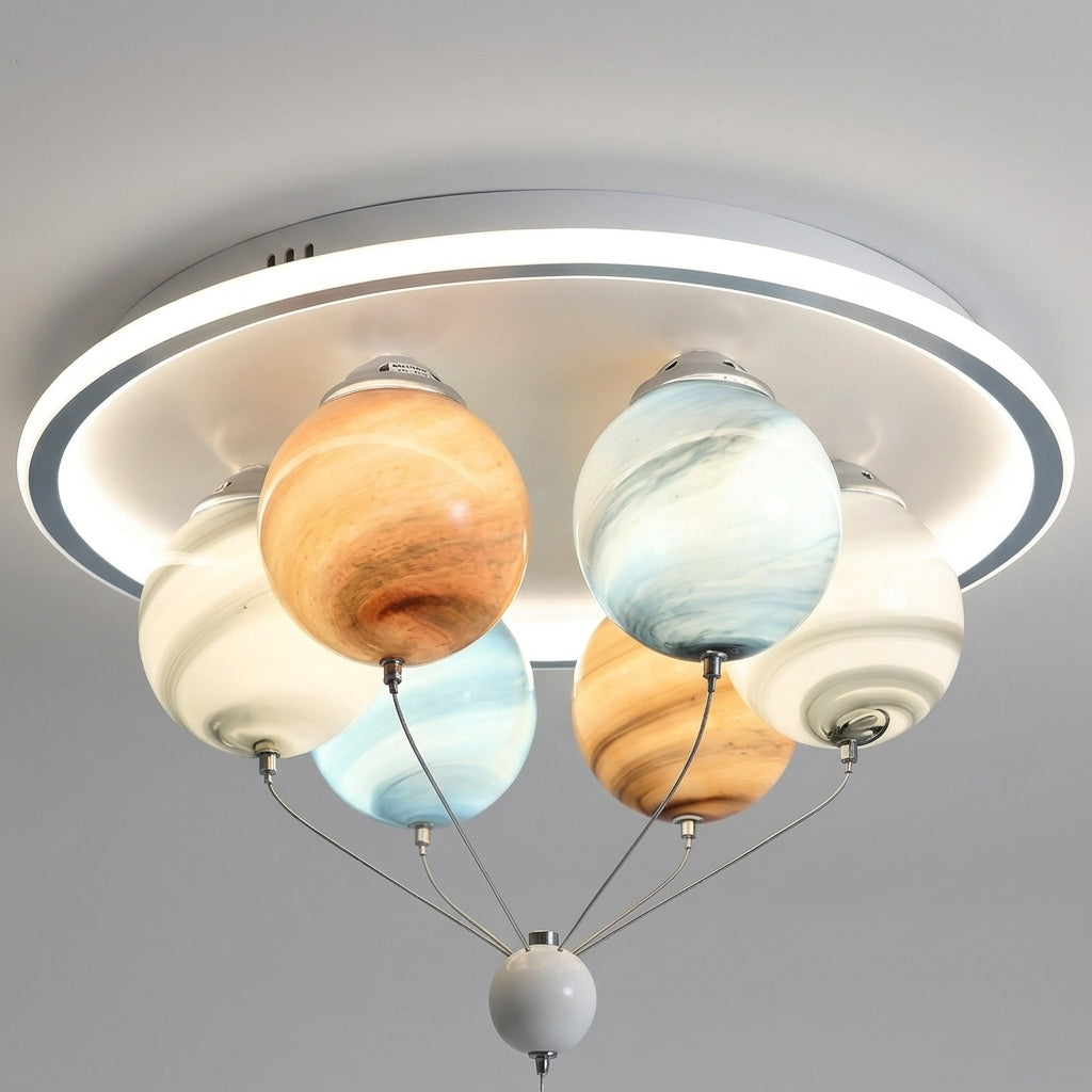 Meqzi astronaut and planet LED ceiling light, alternate front view on grey background
