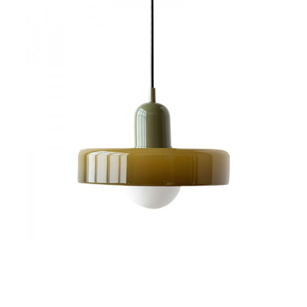 Solid green glass mera Bauhaus pendant light with a sleek mid-century profile