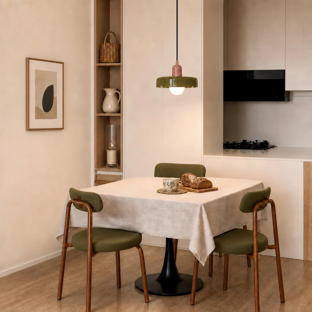 Nordic colour-block mera pendant light adding a playful pop of colour to a neutral dining room