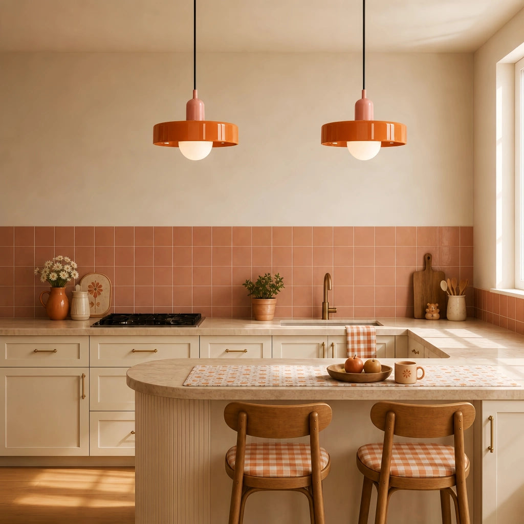 Pair of vibrant orange mid-century mera pendant lights hanging symmetrically above a kitchen island