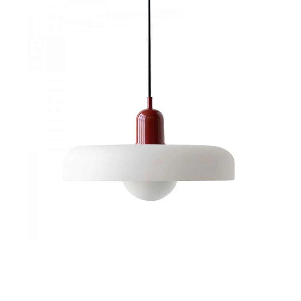 Red and white colour-block mera pendant lamp combining bold retro design with soft ambient light