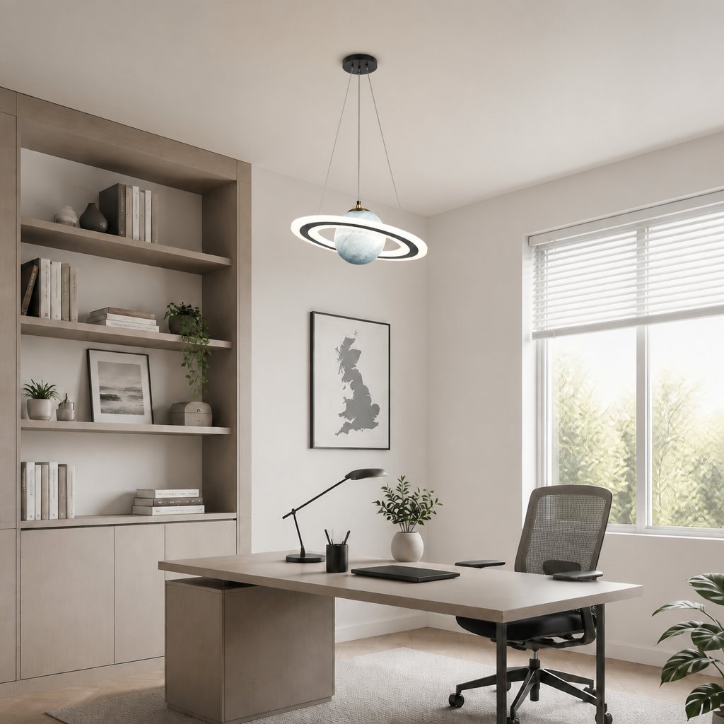 Merven Blue Planet pendant light above a home office desk with a UK map print on the wall