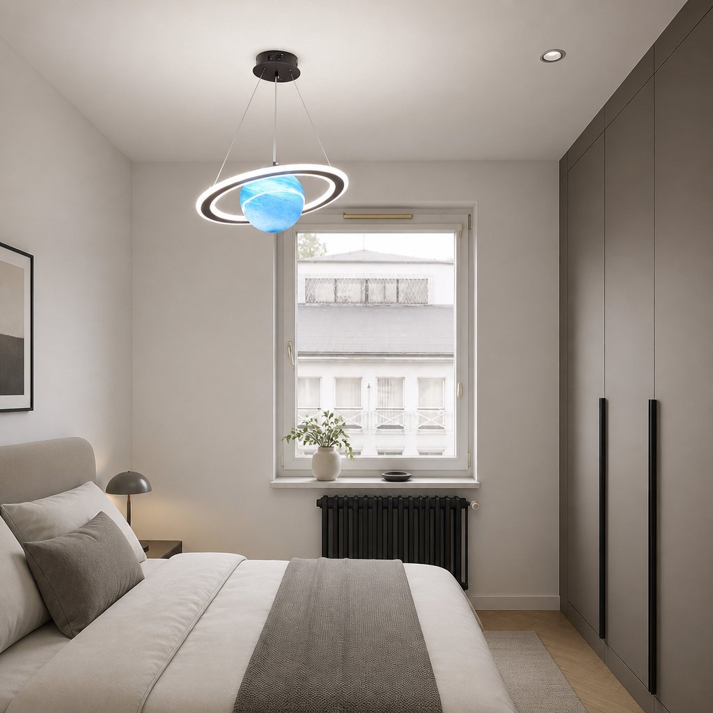 Merven Blue Planet pendant lamp in a minimalist bedroom with a city view window and dark wardrobe