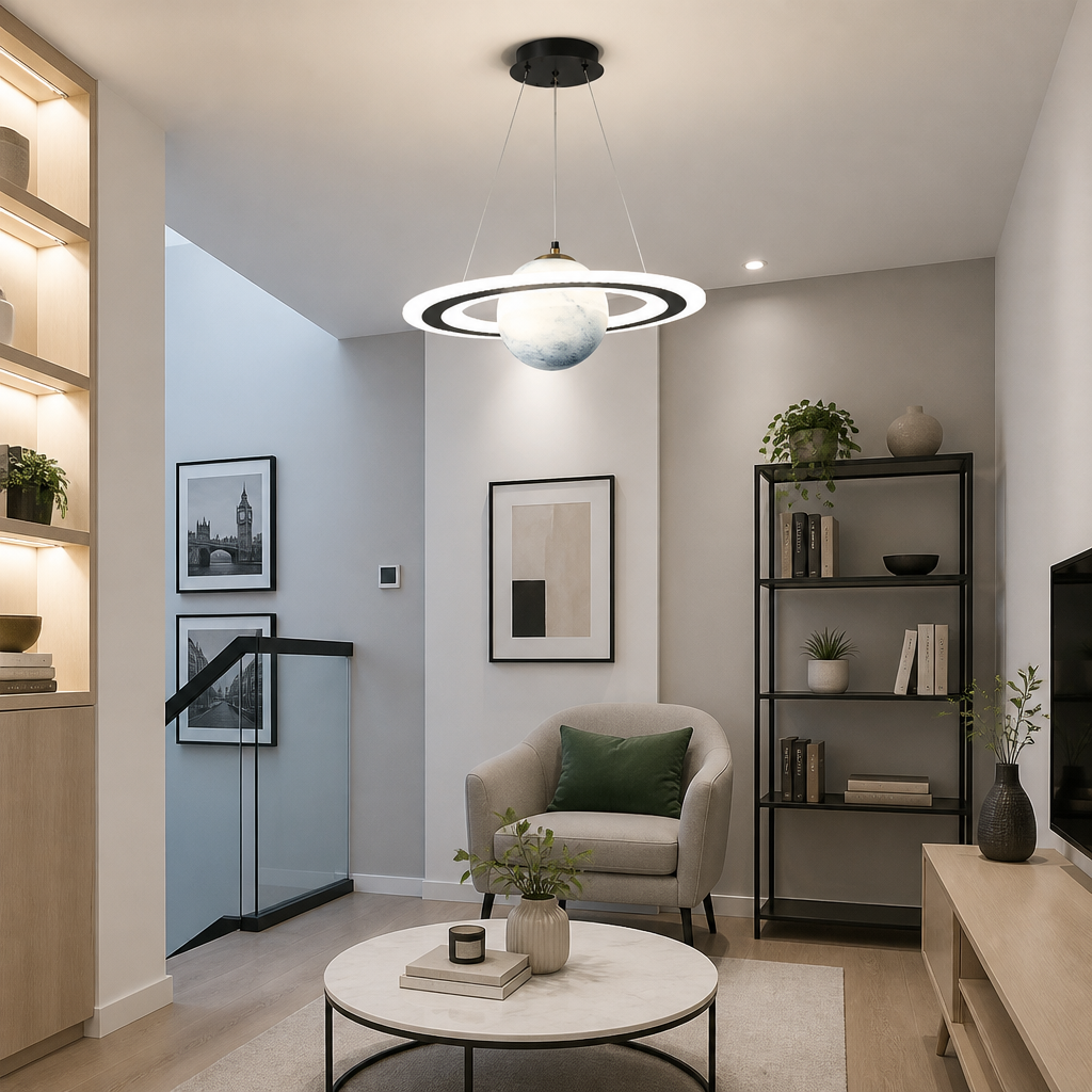 Merven Blue Planet pendant light in a modern living room with a glass staircase and London print wall art