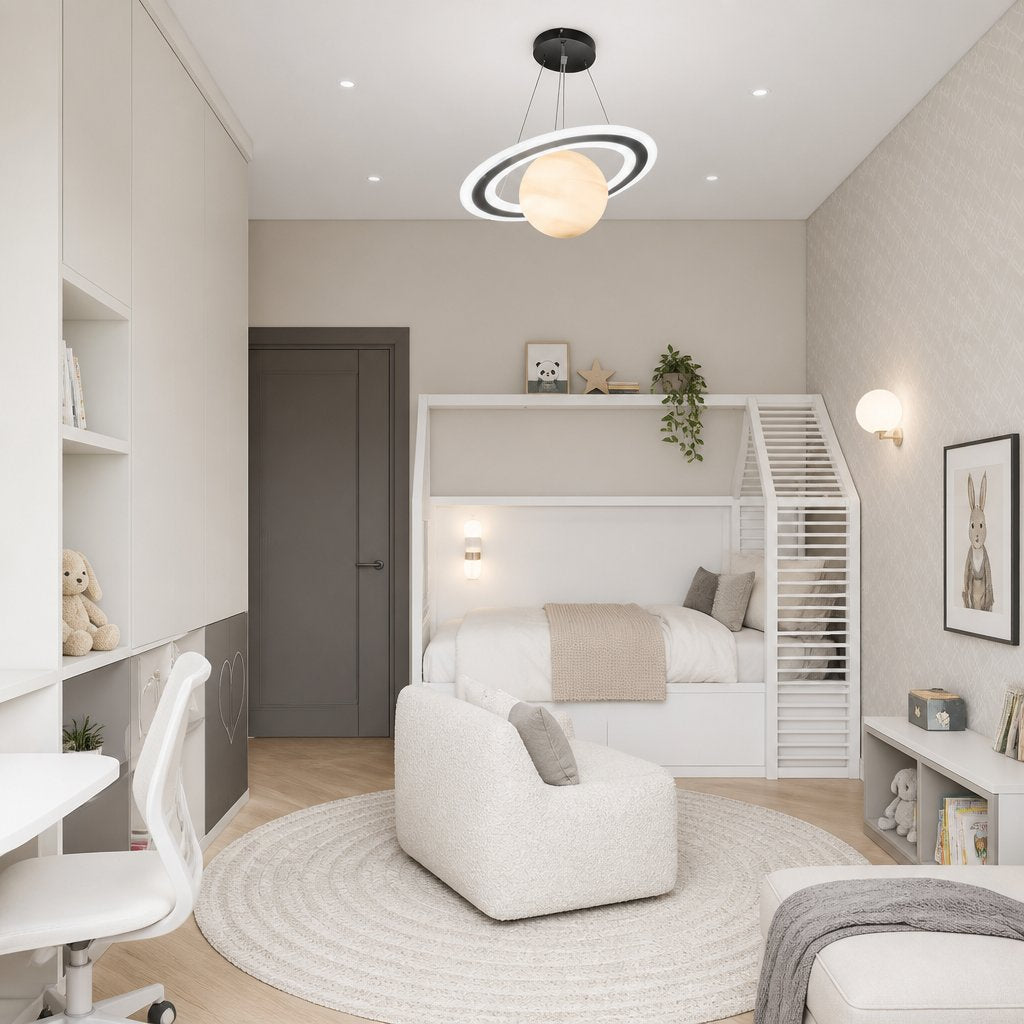 Merven Blue Planet pendant light above a white house-frame bunk bed in a modern kids bedroom