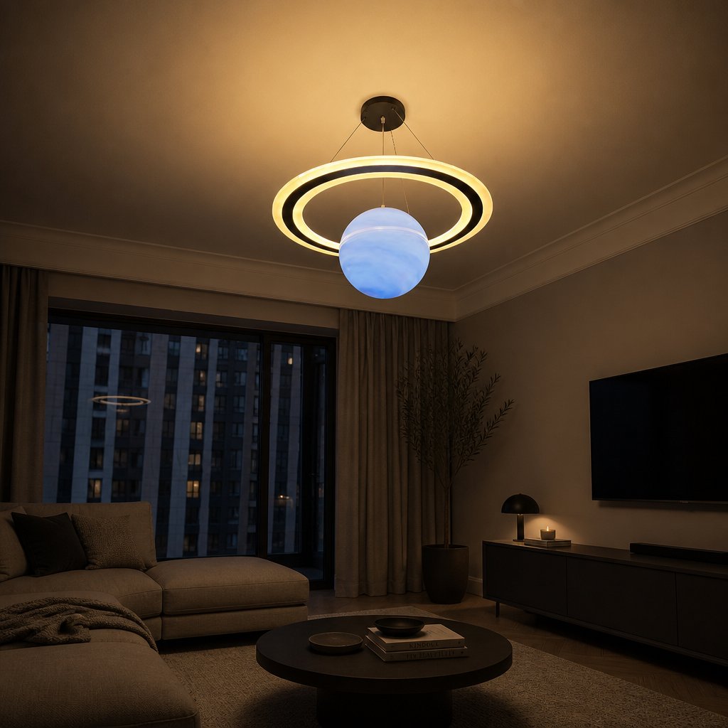 Merven Blue Planet pendant lamp glowing at night in a city apartment living room with skyline view