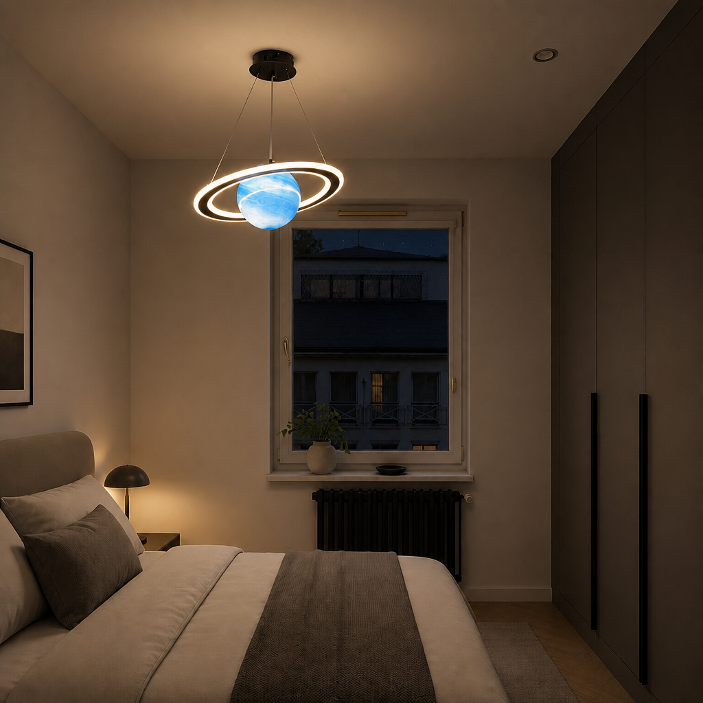 Merven Blue Planet pendant lamp glowing at night above a bed beside a city view window