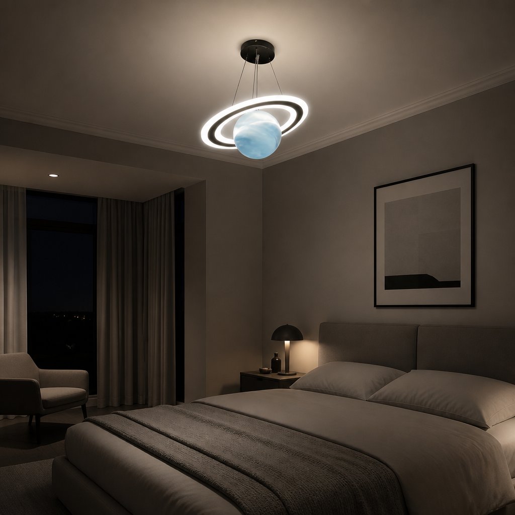Merven Blue Planet pendant light glowing softly at night above a bed in a moody neutral master bedroom