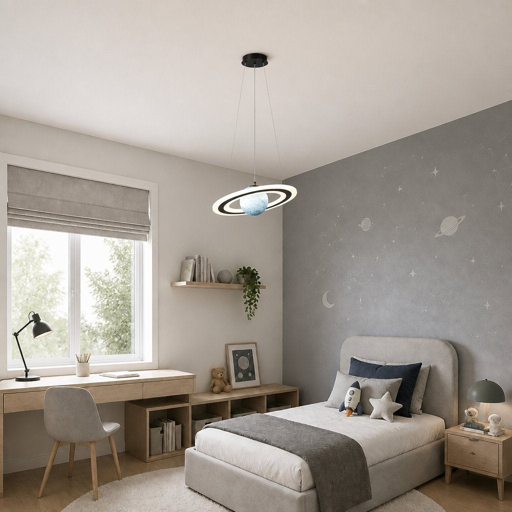 Merven Blue Planet pendant lamp in a kids bedroom with a grey planet and star accent wallpaper wall