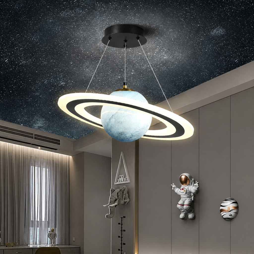 Merven Blue Planet pendant light glowing beneath a starry ceiling mural with astronaut wall decor and a MY RULES sign
