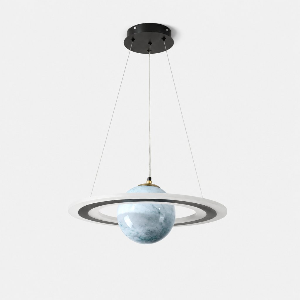 Studio product shot of the Merven Blue Planet Saturn ring pendant light on a plain white background