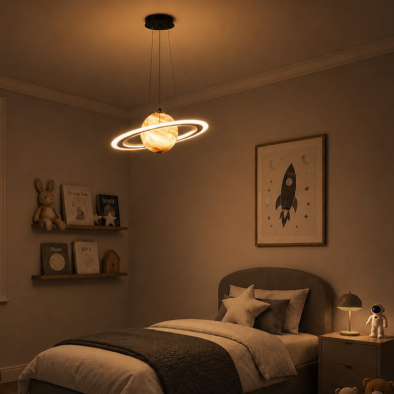 Merven Orange Planet pendant lamp lit at dusk above a single bed in a space-themed kids bedroom with rocket poster