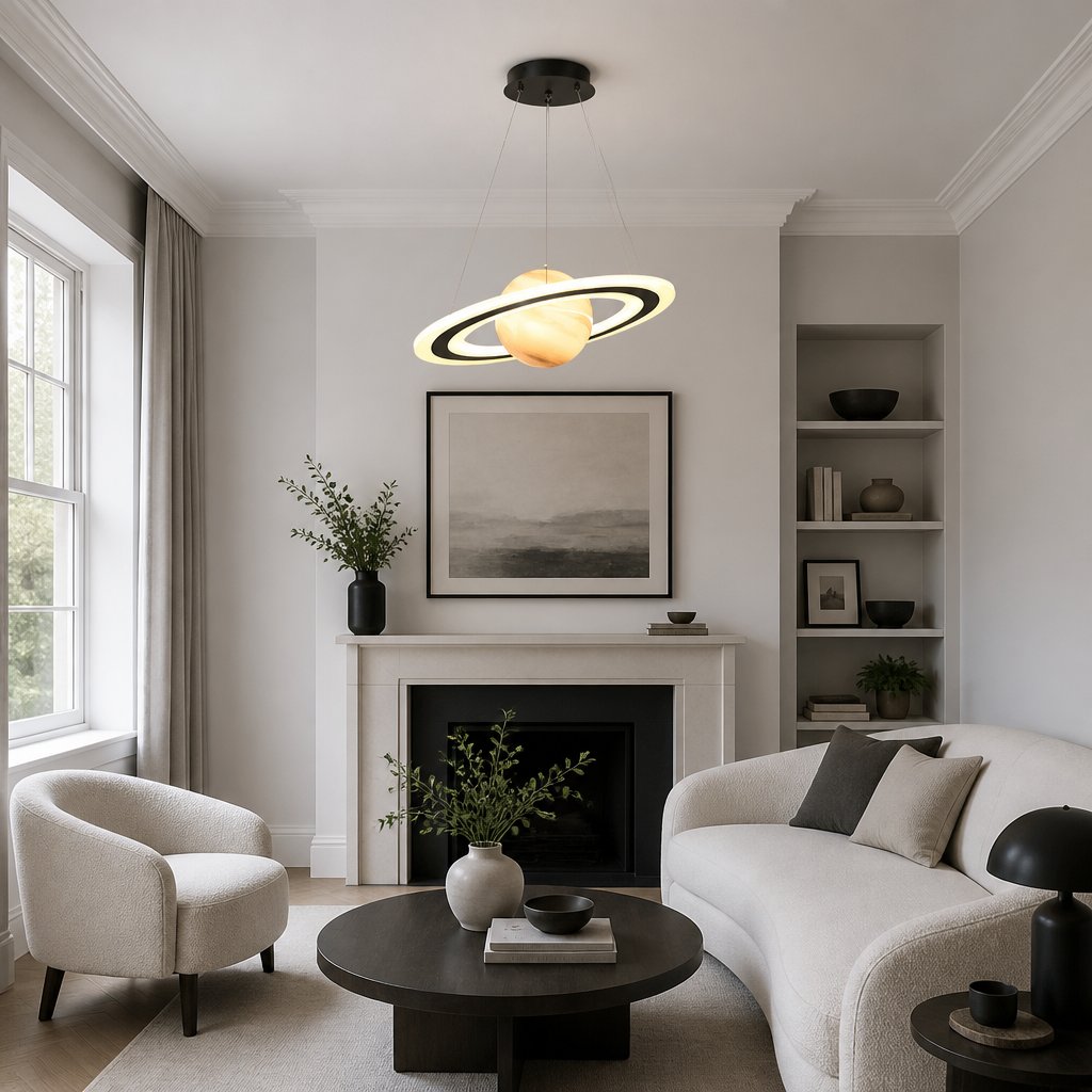 Merven Orange Planet pendant lamp hanging above a fireplace in a modern neutral living room