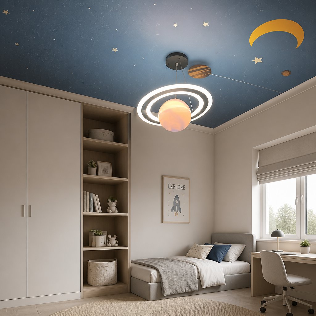 Merven Orange Planet pendant lamp in a kids bedroom with a painted starry night ceiling mural