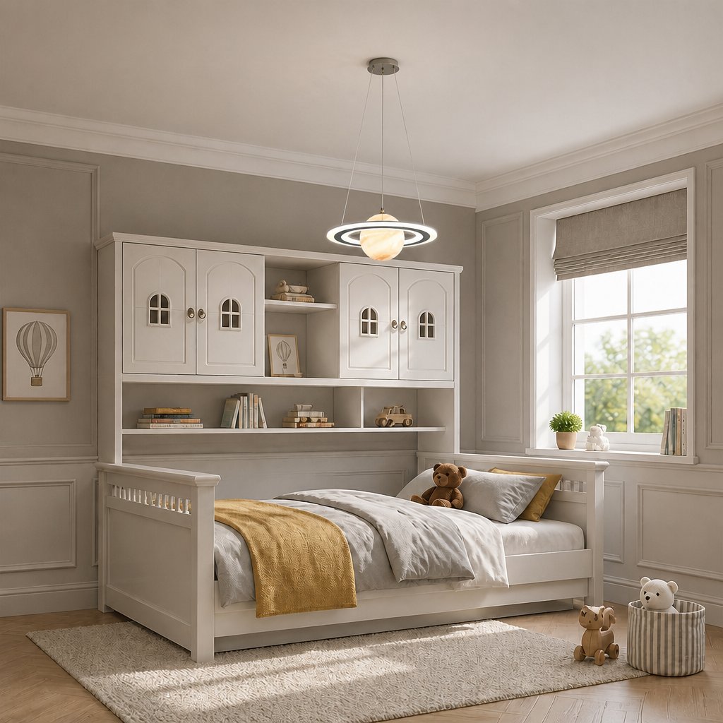 Merven orange Planet pendant lamp above a white daybed in a soft grey traditional kids bedroom