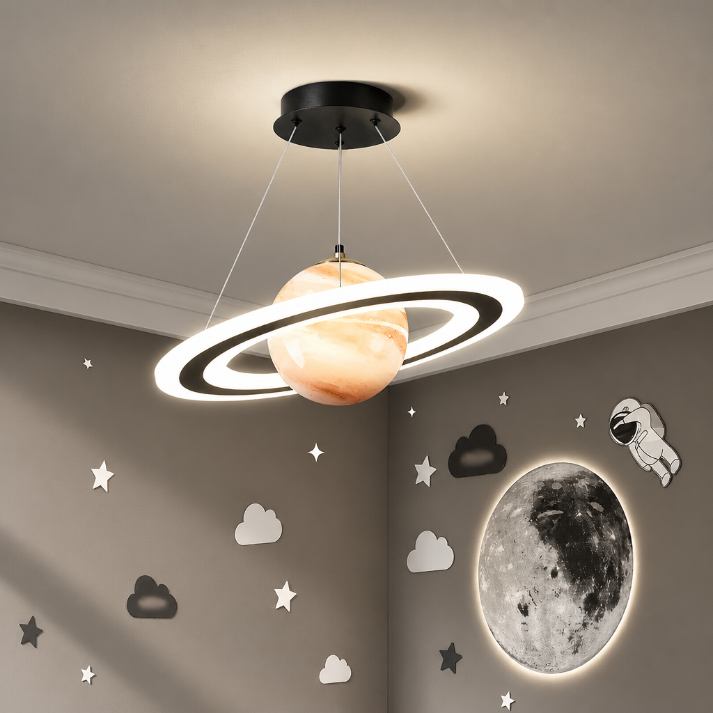 Merven Saturn ring planet pendant light glowing warm at night in a kids' space-themed bedroom with astronaut and moon wall decals