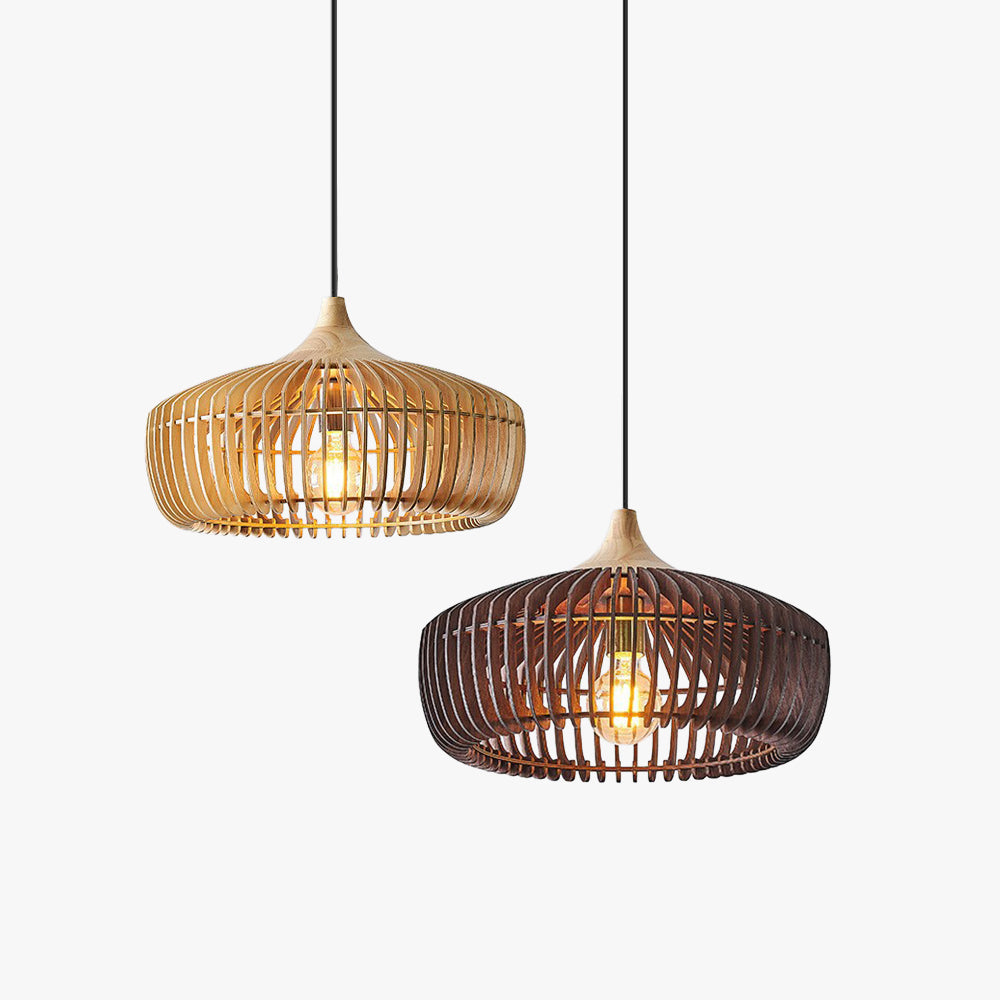 Side-by-side comparison of the natural wood and walnut Japandi slatted mexi dome pendant lights