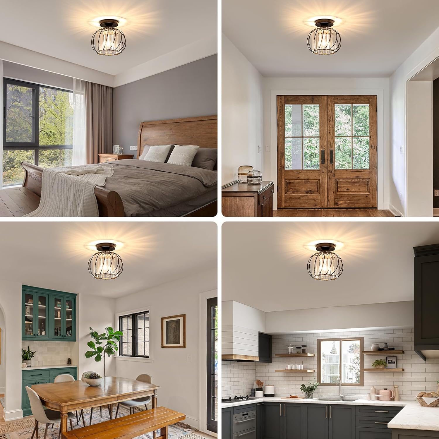 Grid demonstrating the versatile applications of the mini crystal hallway chandelier in dining rooms, kitchens, and bedrooms