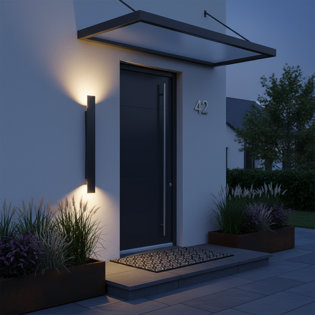Minimalist black LED front porch lighting next to a modern entryway