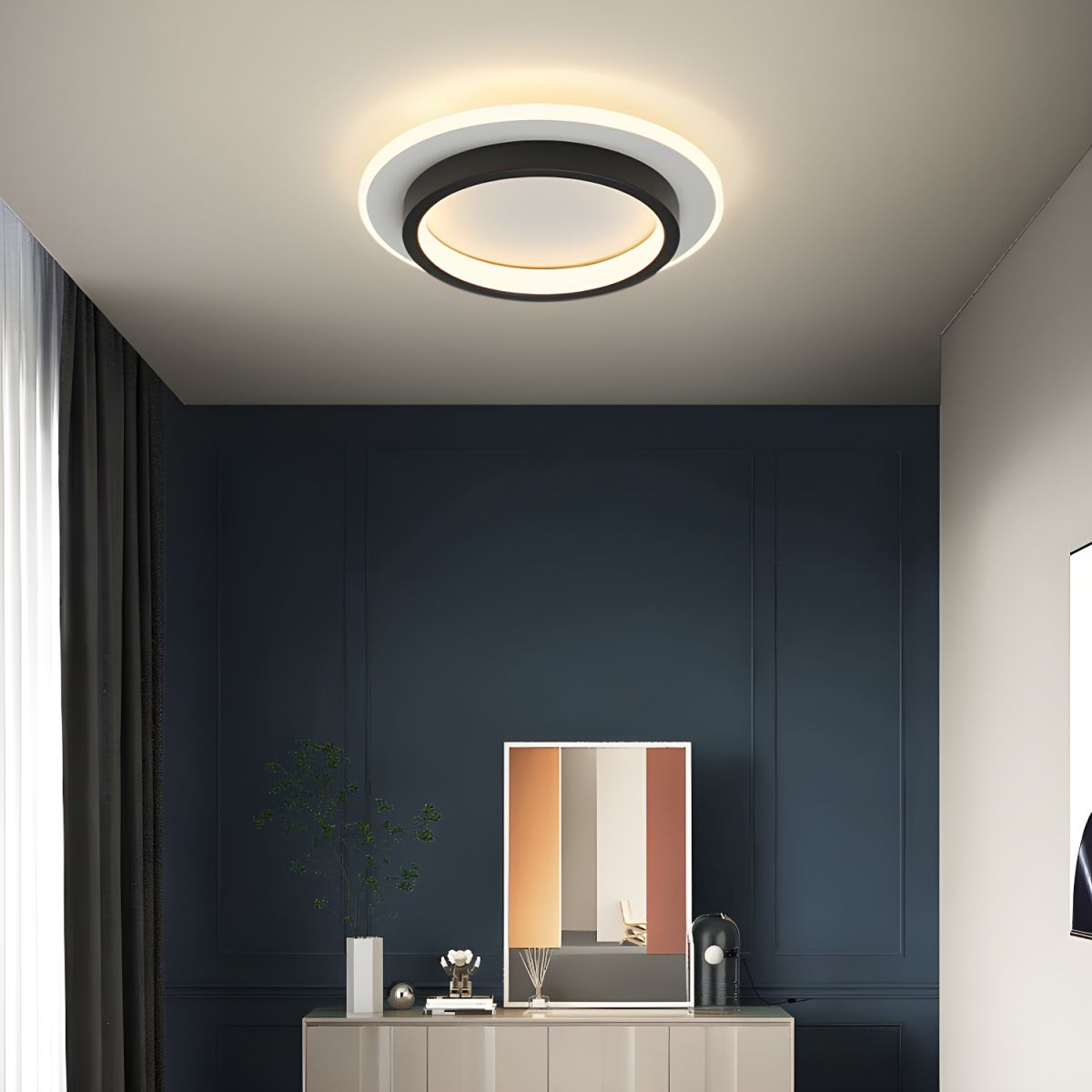 Black modern LED flush mount ceiling lamp providing ambient light in a dark blue room