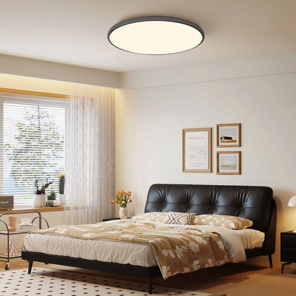 black round flush mount ceiling light in a naturally lit modern bedroom.