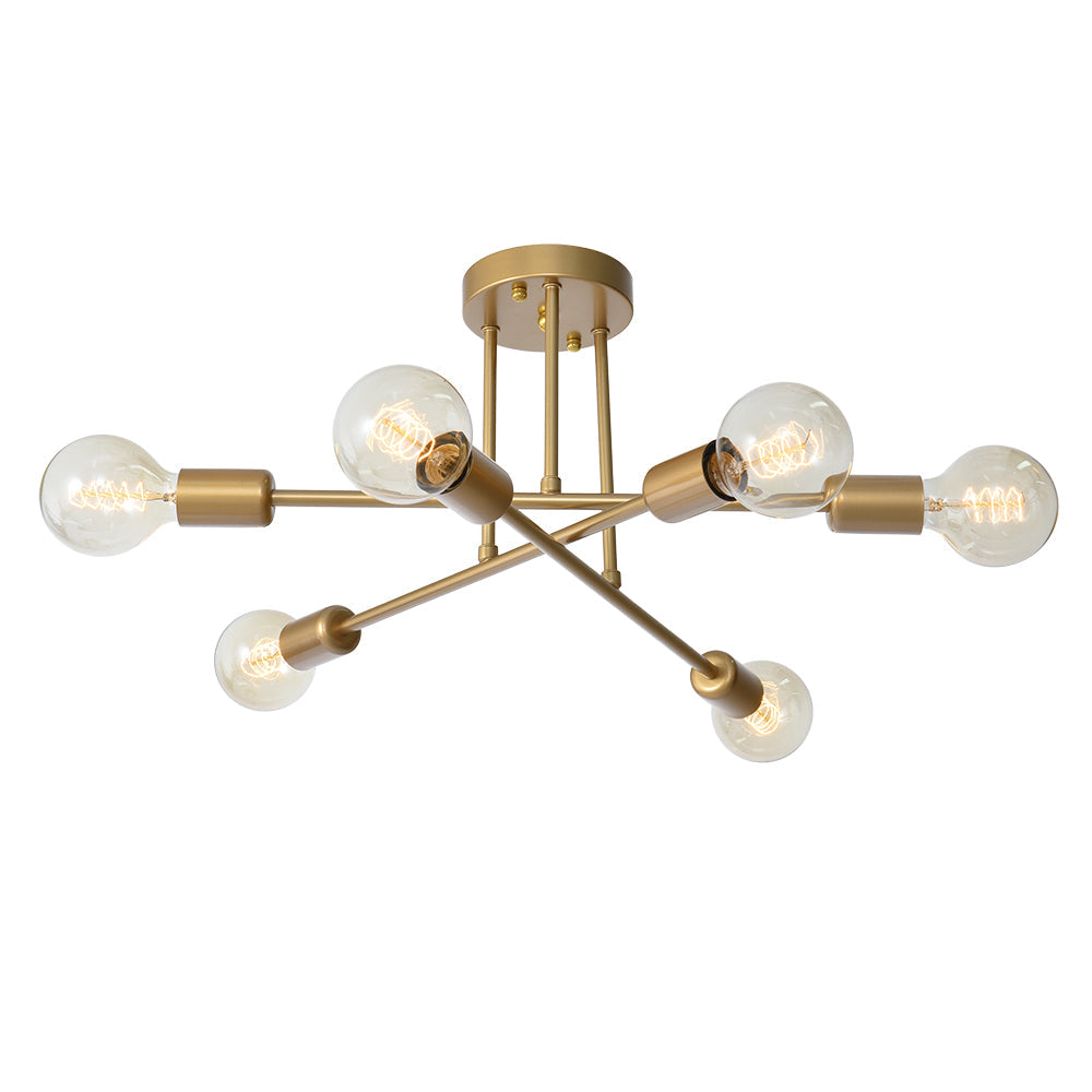 Isolated view of the modern brass Sputnik fixture showcasing its sleek, intersecting 6-light design