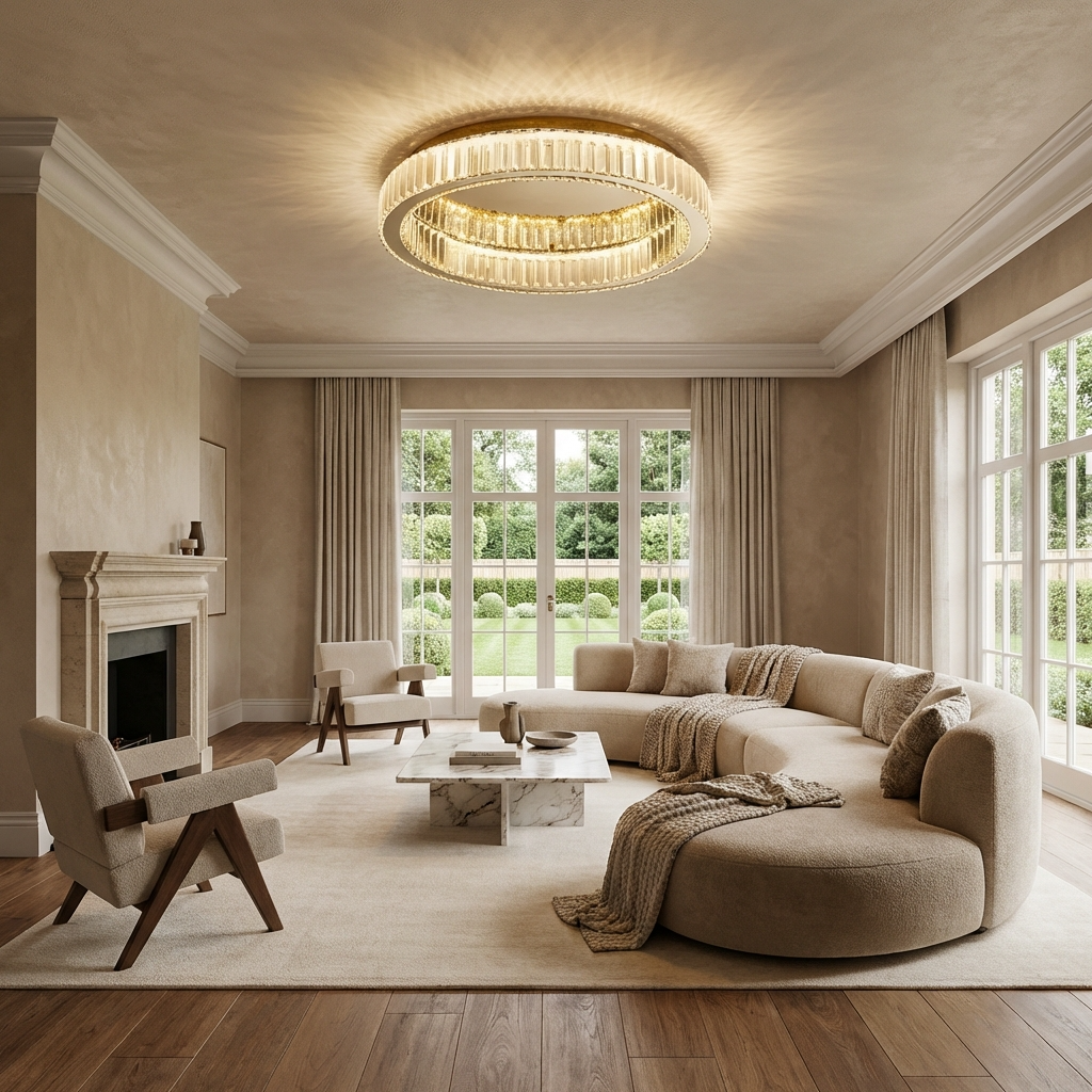 Wide view of a modern gold crystal ring ceiling light in a contemporary home setting