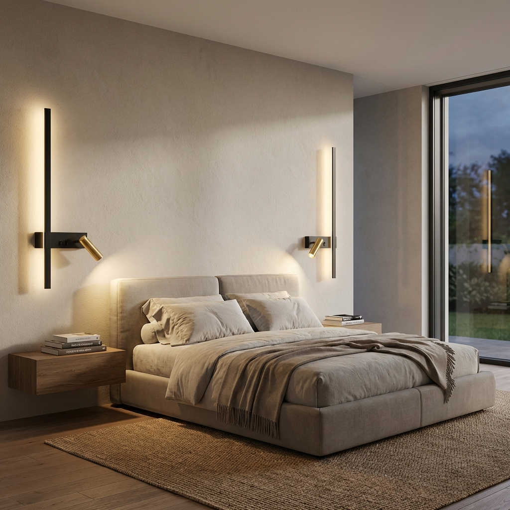 Modern master bedroom illuminated by sleek black and gold linear wall sconces serving as bedside reading lights