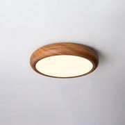 Modern walnut wood-effect round LED ceiling light with a curved profile