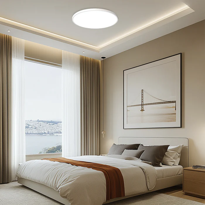 Modern white ceiling lamp providing clean, even lighting in a neutral-toned bedroom