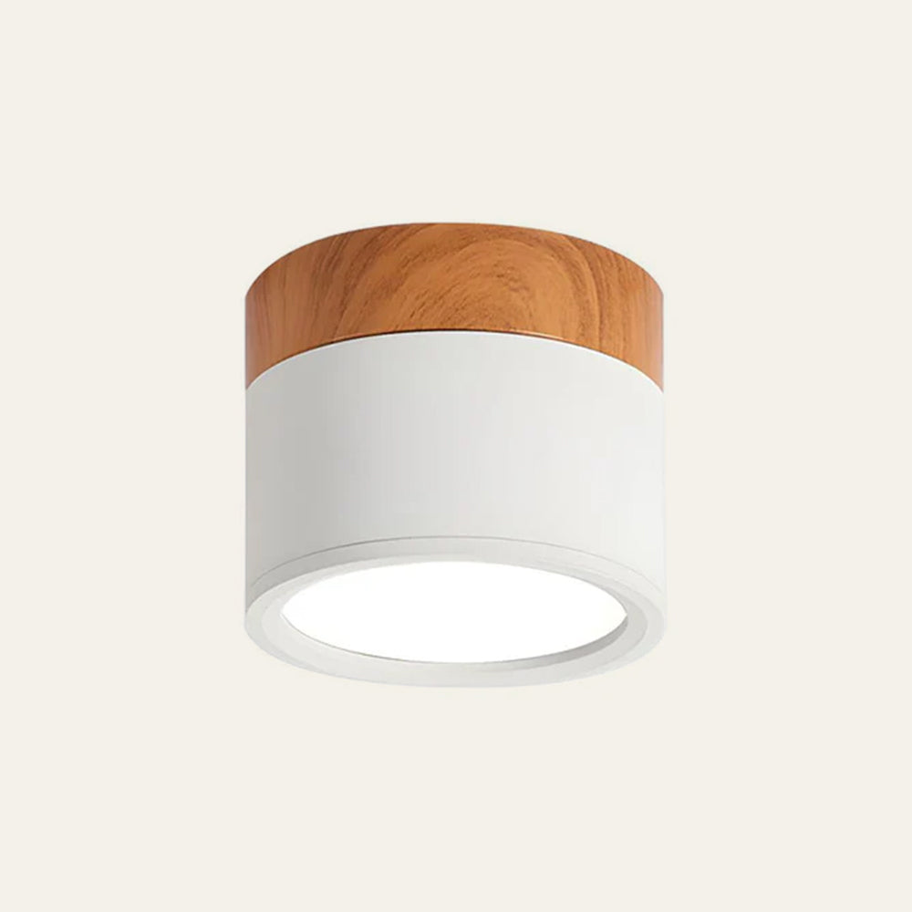 White Nordic minimalist cylinder downlight with wood-accented mounting base