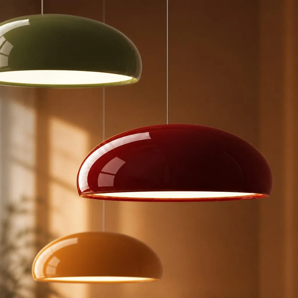 Cluster of green, red, and orange Bauhaus pendant lights casting a warm, ambient glow