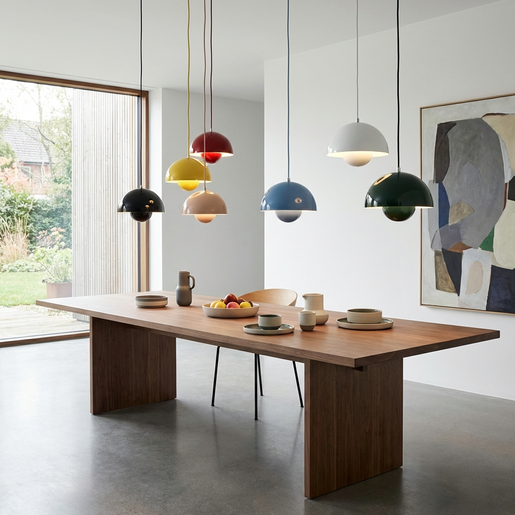 Cluster of multicoloured flowerpot pendant lights suspended over a modern wooden dining table