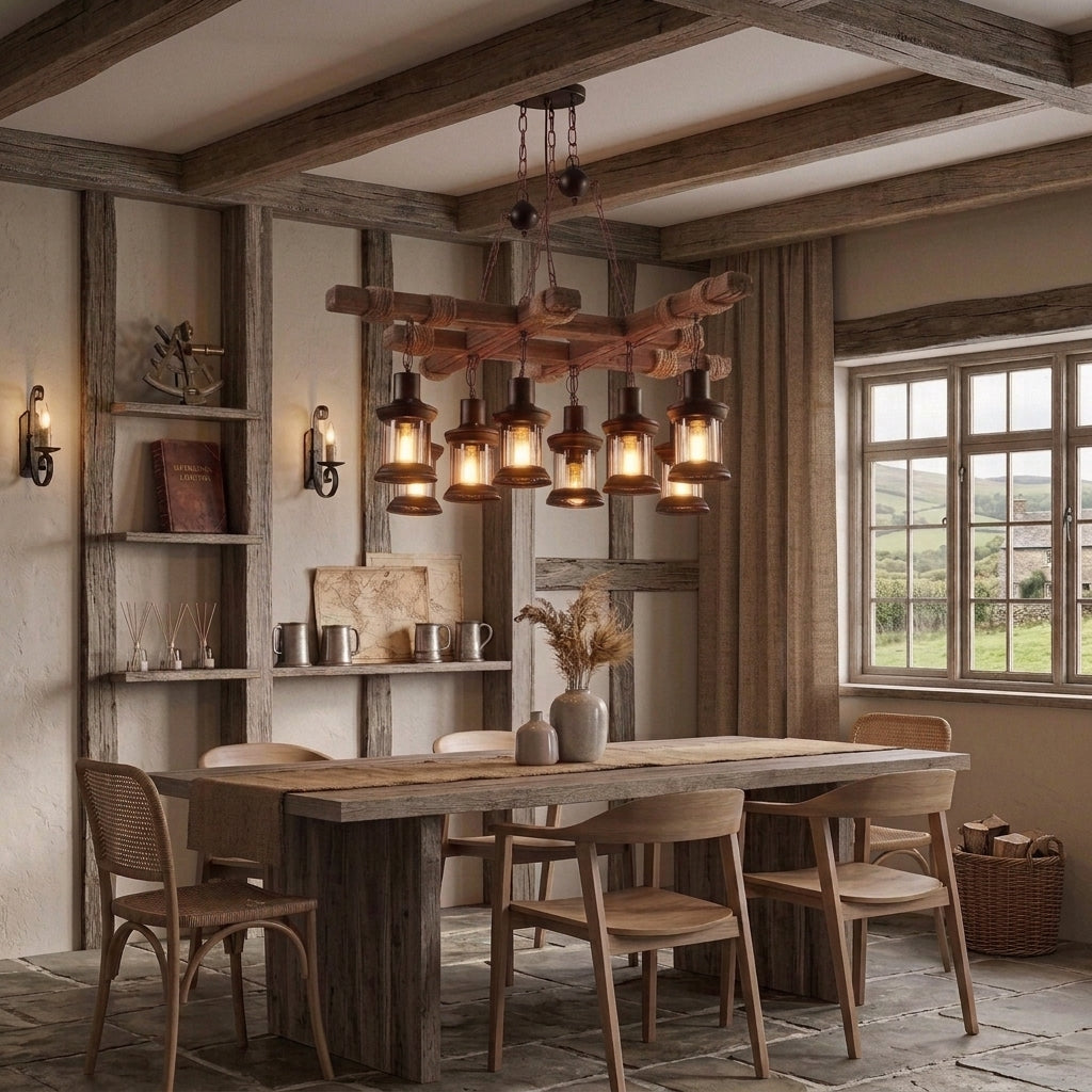 Mupzi chandelier hanging above a dining table, alternate angle, in a modern British Japandi-style room