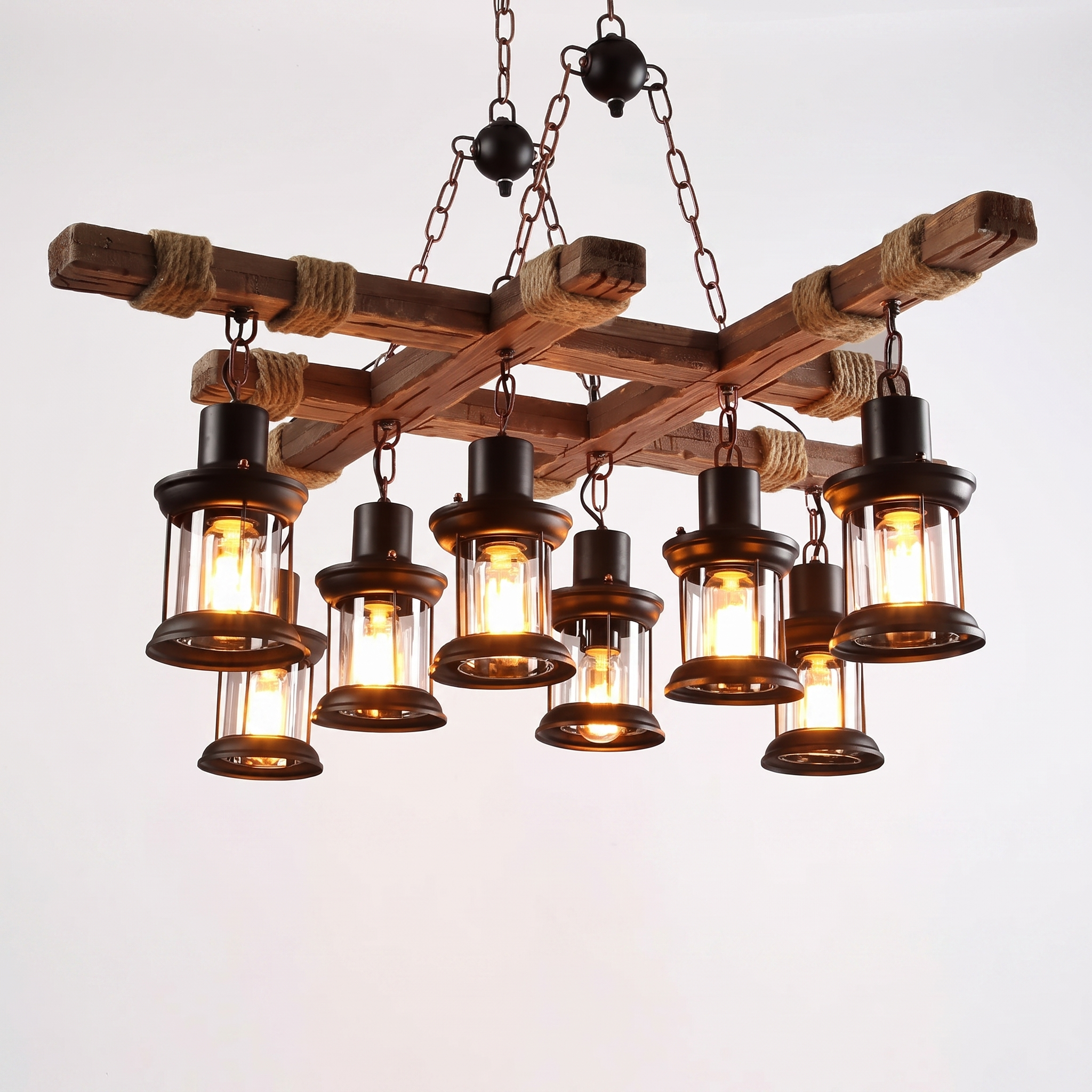 Mupzi industrial wood beam chandelier with 8 lantern pendant heads on a clean white background