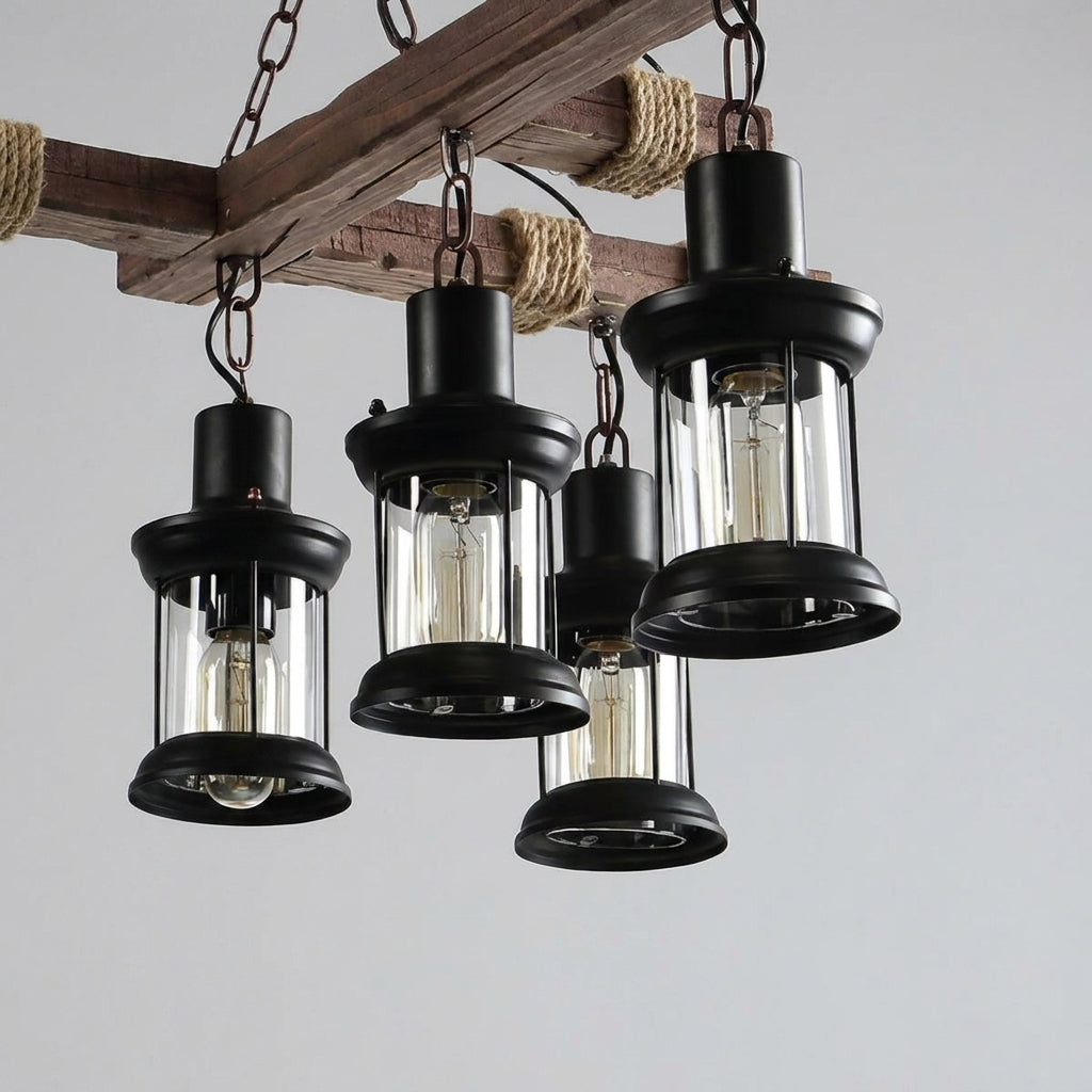 Close-up of four Mupzi lantern pendant heads with glass shades