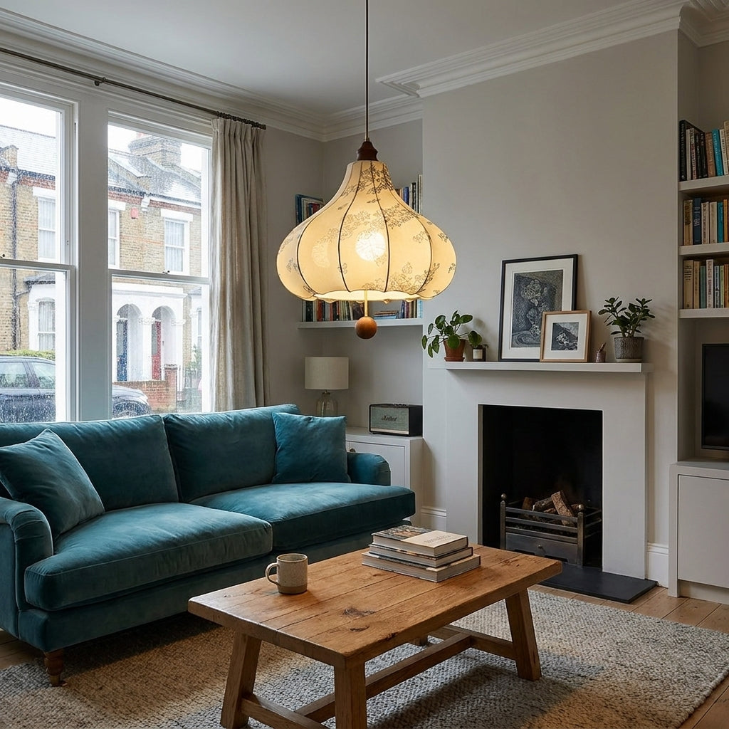 Naxlu pendant light hanging in a living room with a teal sofa